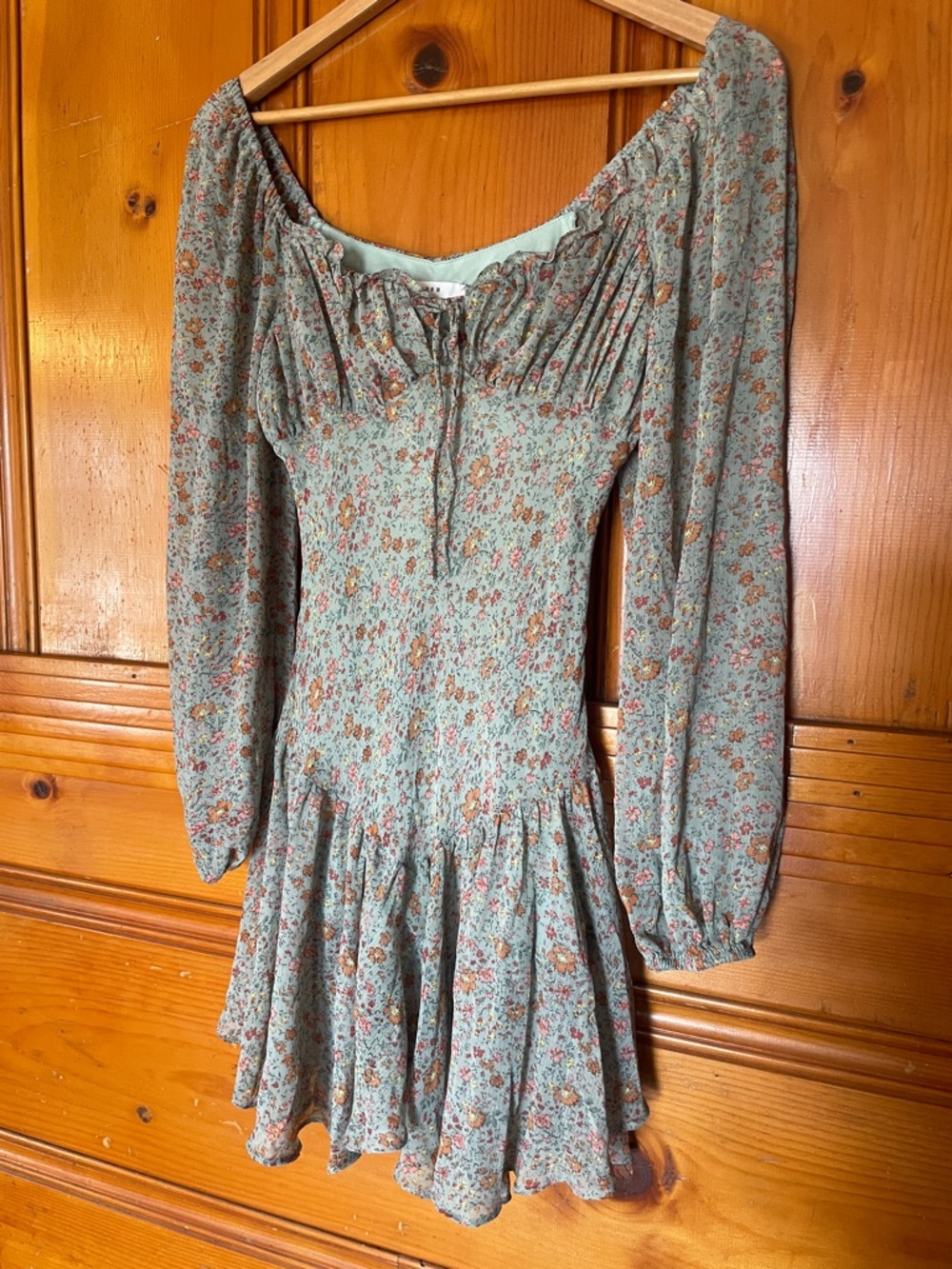 Lush Sage Green Floral Long-Sleeve Smocked Mini Dress